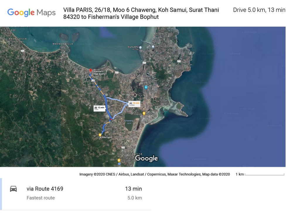 Route and distance of 5 Km between Villa PARIS on Chaweng and the tourist area of Fisherman Village with its restaurants and bars.